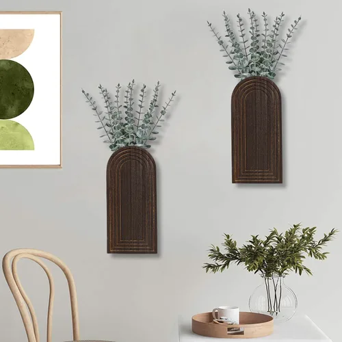 Miniatura 7 de Dnnnii Juego de 2 jarrones de pared de madera, acabado marrón oscuro, decoración de pared moderna de granja y bohemio para entrada, pasillo, baño