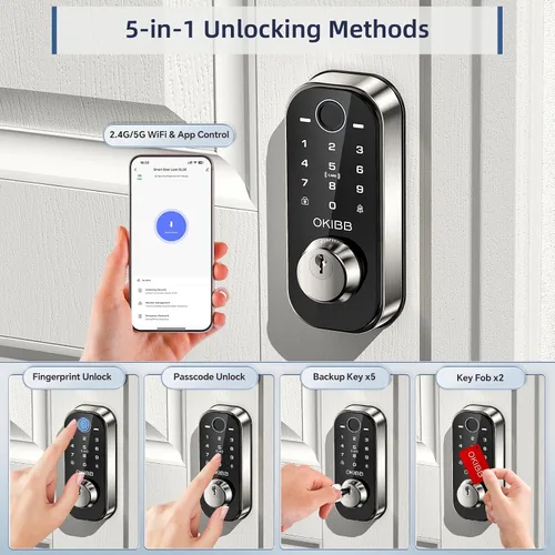 Miniatura 2 de Cerradura de puerta con huellas dactilares para puerta principal incorporada Wi-Fi OKIBB, cerradura inteligente de entrada sin llave con APP