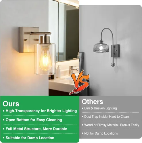 Miniatura 3 de 2 paquetes de apliques de pared para baño, luces de tocador de níquel cepillado, lámpara de pared moderna con pantalla de vidrio transparente