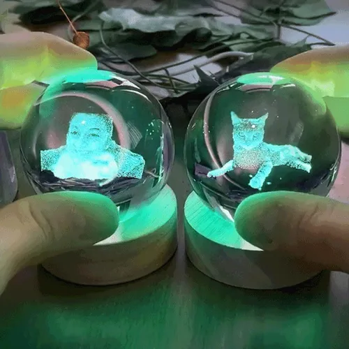 Miniatura 3 de Drawelry Luz nocturna de bola de cristal 3D personalizada, lámpara de bola de cristal con imagen personalizada con base de madera, decoración