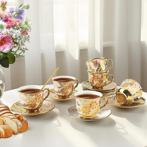 Miniatura 6 de Juego de 6 tazas de té y platillos, juego de té floral vintage de porcelana para expreso, café, moca, capuchino, fiesta de té de la tarde