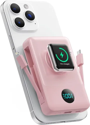 Miniatura 31 de Cargador portátil magnético de 10800 mAh para iPhone con cables integrados, cargador de batería inalámbrico 6 en 1 con cargador iWatch, pantalla LCD