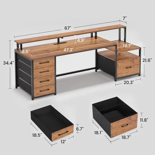 Miniatura 2 de SEDETA Escritorio de oficina en casa con cajón de archivos y toma de corriente, escritorio para computadora de 66 pulgadas con 5 cajones, estantes