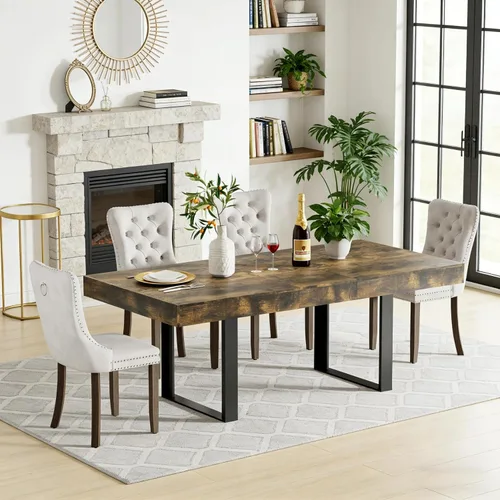 Miniatura 38 de Juego de mesa de comedor extensible de 5 piezas para 4, mesa de cocina de madera marrón de 63-78.7 pulgadas con 4 sillas acolchadas beige, juego