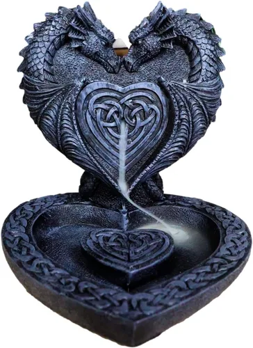 Ebros Gift Guardian of Faux Stone Celtic Heart Tomb Altar Romántico Doble Dragón Cono de reflujo Incienso en cascada Humo Piscina Cascada Quemador