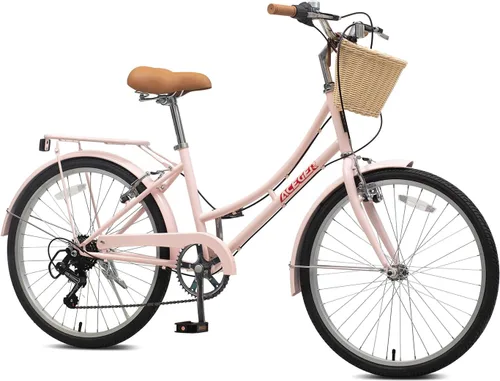 Miniatura 14 de ACEGER Girls Bike with Rattan Basket for 10+ Years, 24" 26" 1 & 7 Speed Comfort Commute Bicycle, Included Dual Brakes & Seat Rack, Adjustable