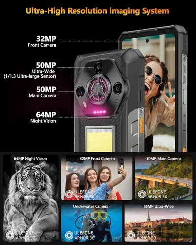 Miniatura 4 de Ulefone Armor 30 4G Android 15 Teléfono resistente, 24 GB+512 GB, pantalla FHD de 120 Hz de 6.95", luz LED versátil de 1236LM, cámara visión