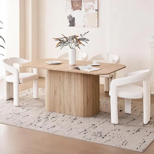 Miniatura 19 de Juego de 4 mesas de comedor grandes de 63 pulgadas para 4, esquinas redondeadas, mesa de cocina rectangular moderna de madera con sillas Boucle