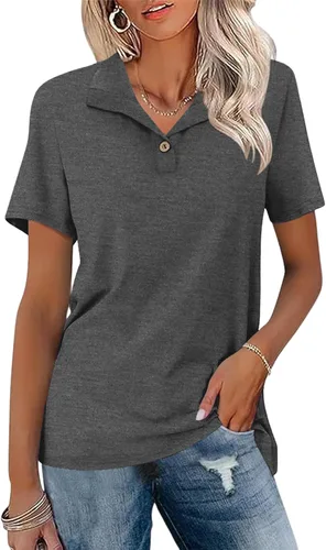 Ivicoer Camisas tipo polo de manga corta con cuello en V para mujer, con botones, blusas tipo túnica de trabajo, blusas casuales de negocios