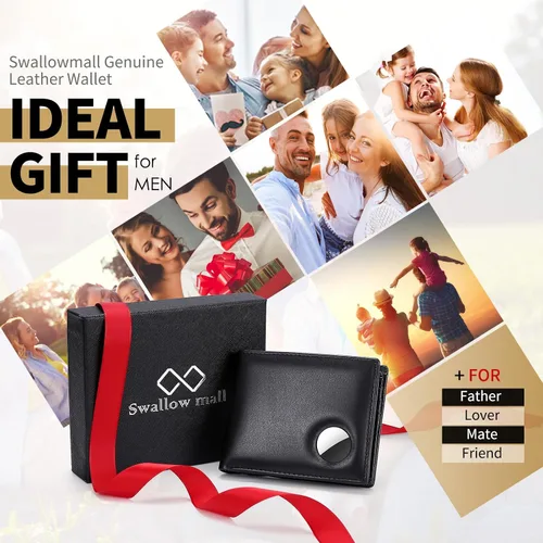 Miniatura 53 de Swallowmall AirTag Billetera para hombre con bloqueo RFID, de piel auténtica, plegable, para AirTag con 1 ventana de identificación, 13 tarjeteros