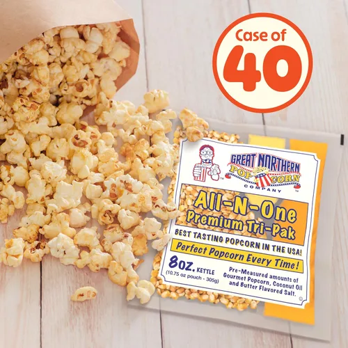Great Northern Popcorn Packs de 8 onzas – Pre-medidos, estilo cine, granos todo en uno, sal, paquetes de aceite para máquinas de palomitas de maíz