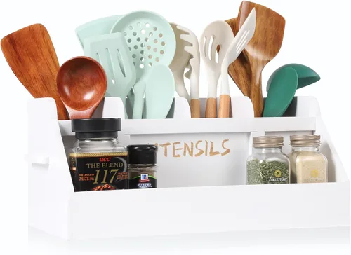 Miniatura 8 de Innovation Soporte para utensilios de cocina para encimera con 5 compartimentos, organizador de utensilios con asas, soporte de utensilios de madera