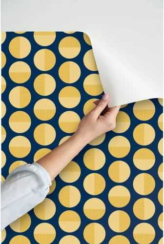 Miniatura 3 de Papel tapiz autoadhesivo para despegar y pegar, diseño de círculos de mediados de siglo, amarillo medianoche, moderno geométrico mostaza, papel