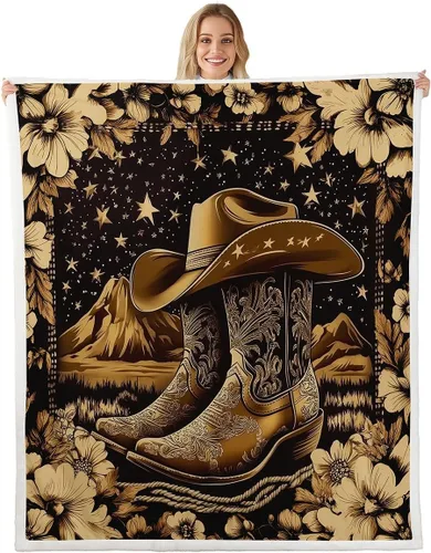 Manta occidental con botas vaqueras, sombreros, manta de forro polar, diseño vintage de flores nativas americanas del suroeste, manta acogedora para