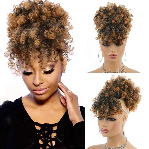 Miniatura 10 de Cola de caballo con cordón para mujeres negras Afro Puff Cola de caballo con cordón con flequillo Cola de caballo corta crespa y rizada Moño cola