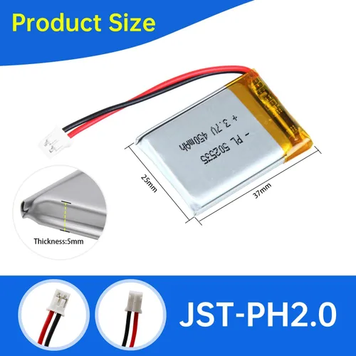 Miniatura 3 de 502535 3.7V Batería Lipo 450mAh 502535 Paquete de Batería Recargable de Polímero de Litio con Conector JST PH2.0mm para Dispositivo Electrónico