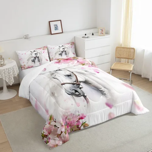 Miniatura 4 de Erosebridal Juego de funda de edredón para niñas con temática de caballos, chic, con flores de cerezo, para niños y adolescentes, con caballos al