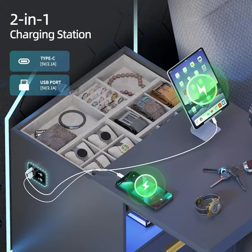 Miniatura 7 de Gurexl Juego de 2 mesitas de noche con estación de carga para dormitorio, mesa auxiliar con cajón secreto para armas, moderna mesa auxiliar LED