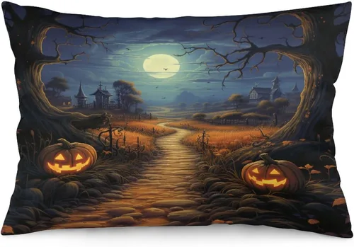 Miniatura 12 de Fundas de almohada frescas de casa embrujada, castillo, luna, bosque medieval, calabaza, fundas de almohada rectangulares con cremallera invisible