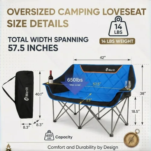 Miniatura 3 de EMERIT Silla de Camping Doble Extra Grande Acolchada para Adultos, Sillón Plegable Resistente para Exterior, Camping, Playa, Césped, Concierto 650LB