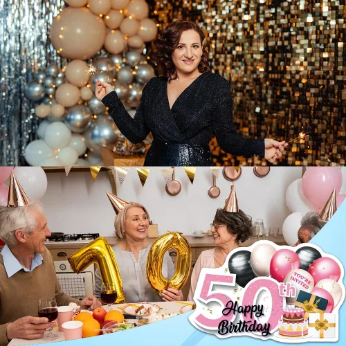 Miniatura 5 de ERHACHAIJIA 20 globos dorados rosados y negros y tarjetas de invitaciones en forma de pastel con sobres, divertidas fiestas de cumpleaños 50