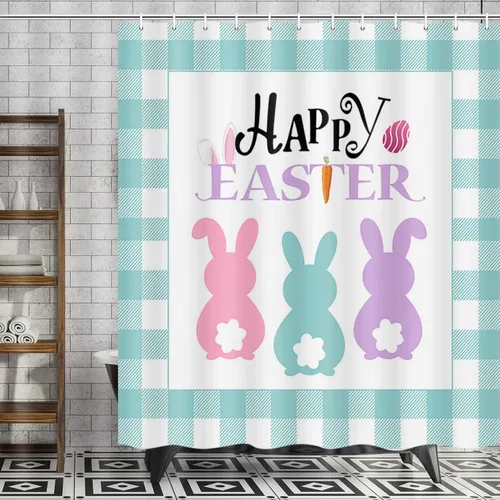 Boziqr Cortina de ducha de Pascua para baño, lindo conejo, conejo, búfalo, cuadros cuadrados, cortinas de baño, tela verde azulado, accesorios de
