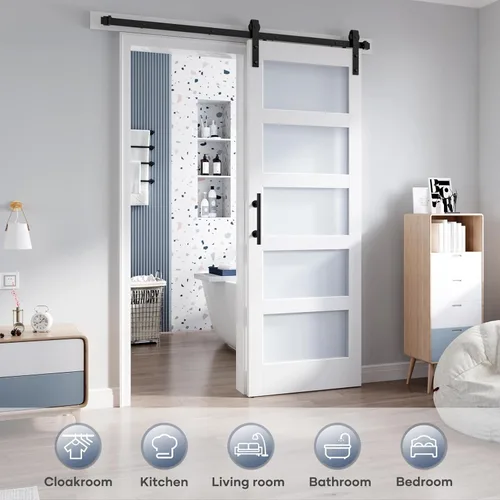 Miniatura 2 de Losa para puerta corrediza de granero de vidrio de 28 x 84 pulgadas y kit de herrajes de 5 pies incluido, 5 vidrios esmerilados, panel de madera LVL