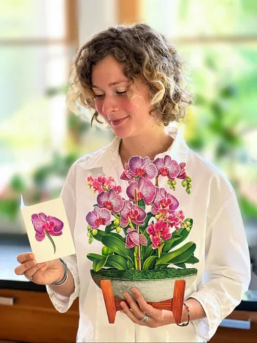 Miniatura 4 de Freshcut Paper Tarjetas de felicitación desplegables, Oasis de orquídeas, tarjeta de felicitación 3D desplegable de ramo de flores en tamaño natural