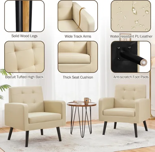 Miniatura 6 de Topeakmart Silla decorativa de mediados de siglo, moderna y acogedora silla de sofá de piel sintética con cojín grueso y patas de madera resistentes