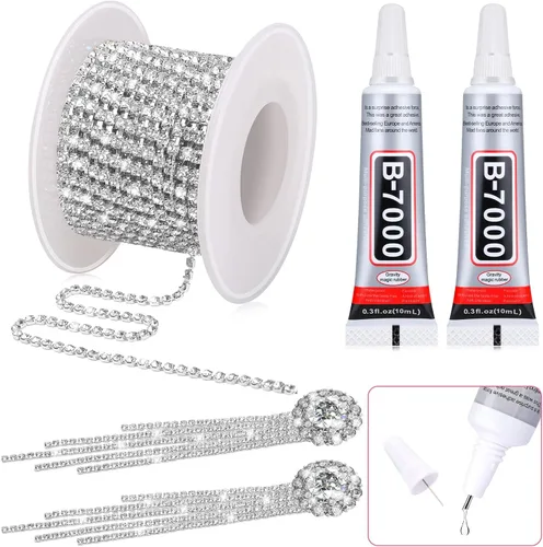 Miniatura 9 de Cadena de cierre de diamantes de imitación de cristal con pegamento de joyería B7000, 11 yardas de 0.157 in de plata con cuentas transparentes