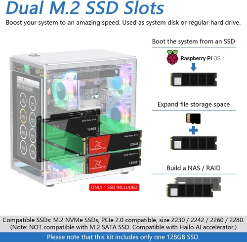 Miniatura 3 de FREENOVE Raspberry Pi 5 Case Kit Pro (con 1 unidad de estado sólido SSD de 128 GB), ranuras SSD M.2 NVMe duales, 5 ventiladores PWM ARGB