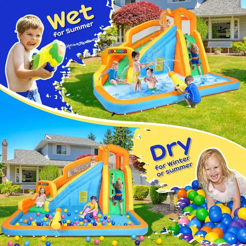 Miniatura 5 de JOYMOR Parque inflable de tobogán acuático con piscina, pared de escalada, cañón de agua, toboganes acuáticos inflables para patio trasero, Naranja