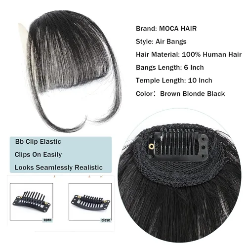 Miniatura 2 de MOCA HAIR Flequillo con clip, 100 % cabello humano, con pinzas de cabello humano real, color marrón oscuro con sienes, extensiones de flequillo
