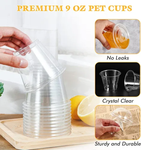 Miniatura 3 de Vplus Paquete de 200 vasos de plástico PET de 9 onzas con tapas planas, vasos de plástico desechables de cristal para parfait, frutas, postres