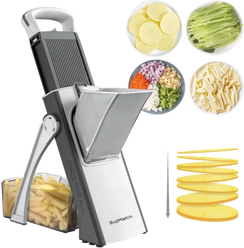 SupMaKin Cortador de Mandolina Seguro Mejorado, Picadora Multi Verduras, Cortador de Patatas, Cortador de Cebolla y Verduras para Freír, Artefacto