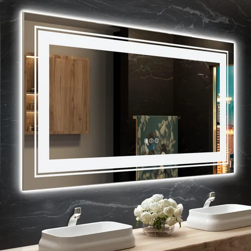 Miniatura 11 de Snowdool Espejo LED de baño, 32 x 32 pulgadas con luz frontal y retroiluminada, antivaho, espejo de tocador de baño para pared, función de memoria