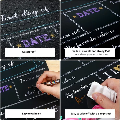 Miniatura 5 de Pizarra para tiza con diseño de unicornio con texto en inglés “First Day of School”. Pizarra para compartir fotos del primer y último día de clases.