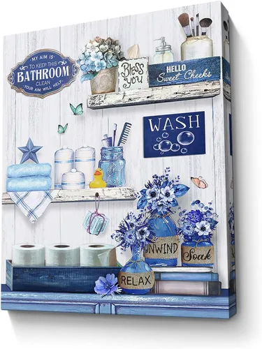 Decoración de baño de granja, arte de pared azul para baño, cuadro de decoración de pared de flores de campo, pintura enmarcada moderna para