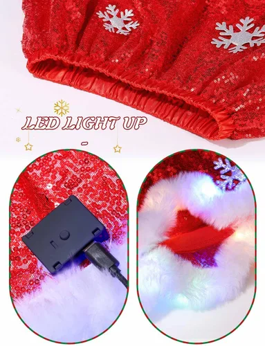 Miniatura 5 de REETAN Falda de lentejuelas de Navidad iluminada con copo de nieve, falda de vientre de Navidad brillante para mujeres y niñas, color rojo, Rojo