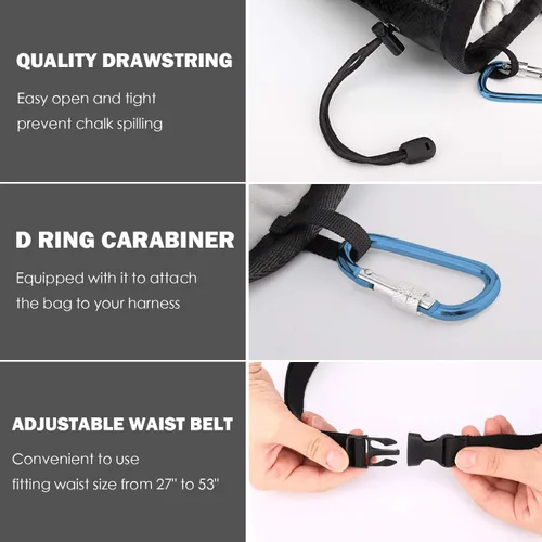Miniatura 3 de Rhino Valley Bolsa de tiza para escalar, sin fugas, con cordón, con cinturón ajustable, clip de mosquetón y bolsillos con cremallera, bolsa de tiza