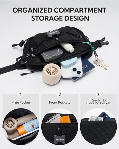 Miniatura 5 de WATERFLY Riñonera ligera y pequeña: Bolso de 1.5L, mini, delgado, cruzado, de cintura, con bloqueo RFID, antirrobo y resistente al agua para Negro