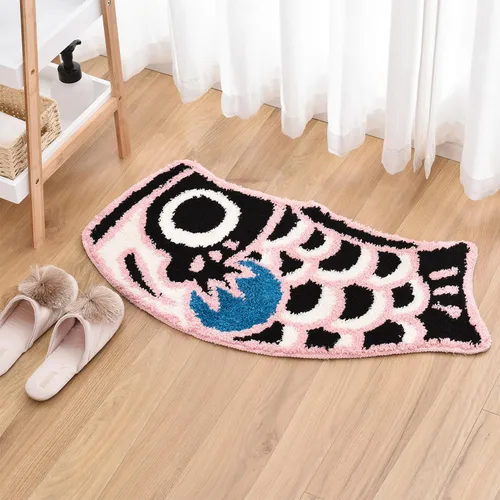 Bonita alfombra de baño con diseño de pez, suave, antideslizante, estilo japonés, con bandera de Koi, alfombra para ducha, tapete de interior