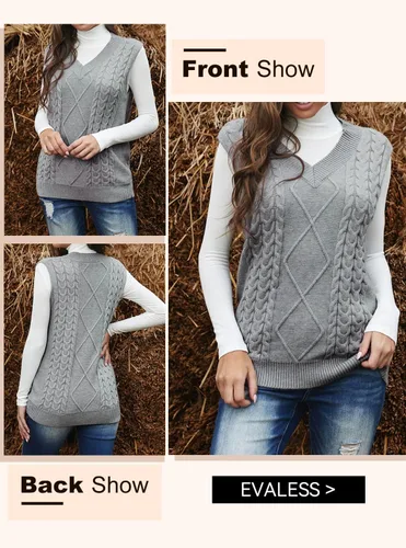 Miniatura 6 de EVALESS - Chaleco de gran tamaño para mujer, cuello en V, sin mangas, color sólido, suéter suelto
