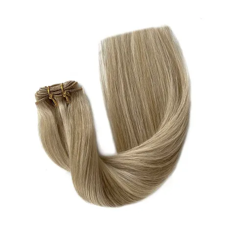 Miniatura 6 de Extensiones de trama de cabello humano real, para coser, con mechas rubias, cabello Remy marrón cenizo mezclado con rubio platino, atado a mano - 14