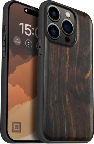 Miniatura 11 de Carveit Funda magnética de madera para iPhone 15 Pro, compatible con cargadores inalámbricos MagSafe, funda de TPU suave negro a prueba de golpes