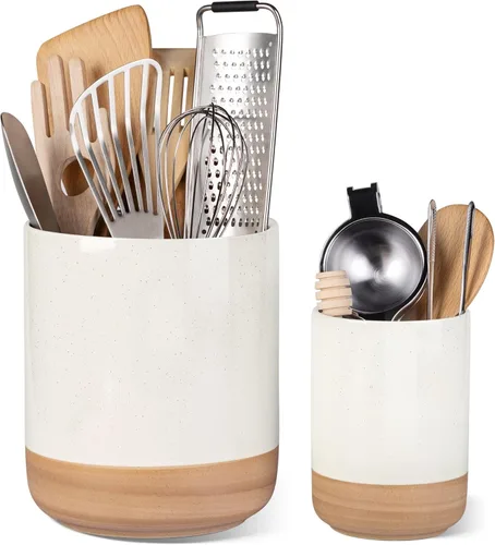 AmorArc Soporte para utensilios de cerámica, 7.25 pulgadas + 5.4 pulgadas de cocina para encimera, organizador de encimera de cocina con parte Beige