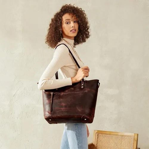 Miniatura 2 de S-ZONE - Bolso de mano de piel auténtica vintage para portátil, Bolsa de trabajo para mujeres con bolsillo trasero con cremallera