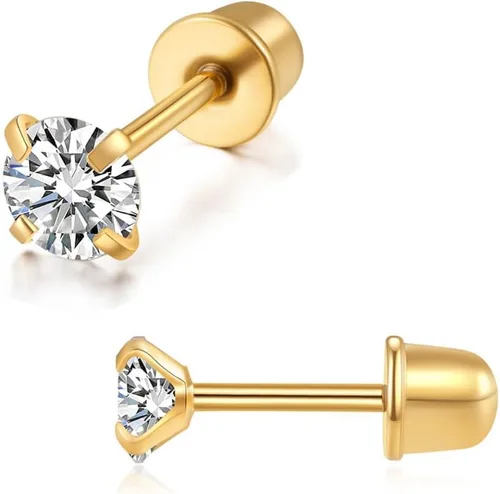 Secure Flat Screw Back CZ Stud Earrings for Women Girls,Comfortable Flatback 2mm 3mm 4mm Cubic Zirconia Earrings for Cartilage Helix Tragus Piercing