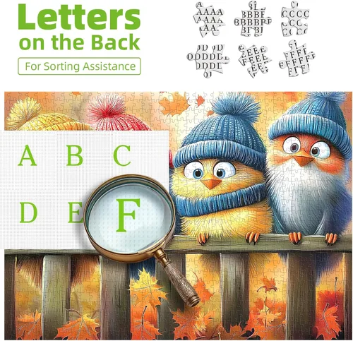 Miniatura 3 de Autumn Birds - Rompecabezas de 500 piezas para adultos, lindo paisaje natural de otoño, dibujos animados, pájaros bebés con sombreros de invierno