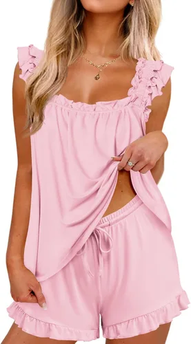 Miniatura 18 de Ekouaer Conjunto de pijama para mujer, conjunto de 2 piezas con volantes, camiseta sin mangas suave y pantalones cortos, conjunto de pijama de novia